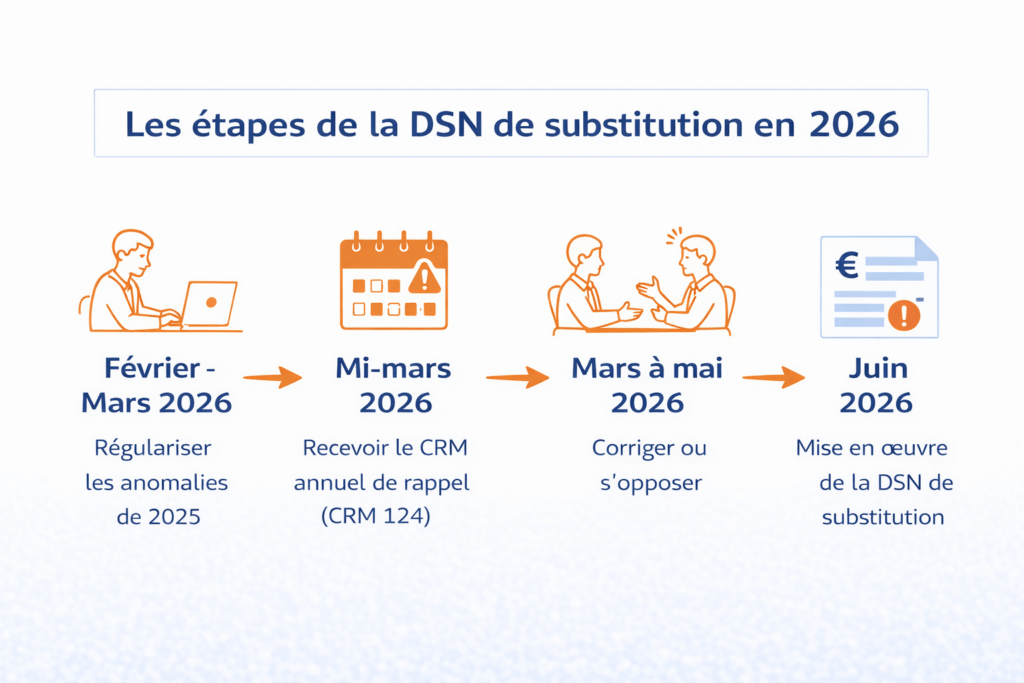 Les principales étapes du mécanisme de DSN de substitution mis en place par l’URSSAF en 2026.